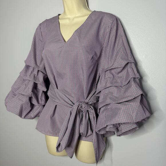 Sunday in Brooklyn By Anthropologie Purple Gingham Blouse Plaid Puff Sleeve S - Picture 5 of 9